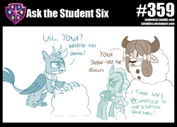 Size: 800x576 | Tagged: safe, artist:sintakhra, character:gallus, character:ocellus, character:yona, species:changeling, species:griffon, species:reformed changeling, species:yak, tumblr:studentsix, clothing, post-it, pun, scarf, snow, snowman