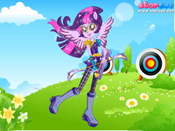Size: 800x600 | Tagged: safe, artist:user15432, character:twilight sparkle, character:twilight sparkle (scitwi), species:eqg human, species:human, equestria girls:friendship games, g4, my little pony: equestria girls, my little pony:equestria girls, archer, archery, arrow, boots, bow (weapon), bow and arrow, clothing, dressup game, flower, glasses, ponied up, scitwilicorn, shoes, sporty style, starsue, target, weapon, wings