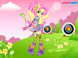 Size: 800x600 | Tagged: safe, artist:user15432, character:fluttershy, species:human, equestria girls:friendship games, g4, my little pony: equestria girls, my little pony:equestria girls, archer, archery, arrow, boots, bow (weapon), bow and arrow, clothing, dressup game, flower, hairpin, ponied up, shoes, sporty style, starsue, target, weapon, wings