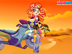 Size: 800x600 | Tagged: safe, artist:user15432, character:sunset shimmer, species:human, equestria girls:friendship games, g4, my little pony: equestria girls, my little pony:equestria girls, boots, clothing, dressup game, elbow pads, fingerless gloves, glasses, gloves, goggles, headband, helmet, high heel boots, high heels, knee pads, motorcross, motorcross outfit, motorcycle, motorcycle outfit, ponied up, shoes, sporty style, starsue