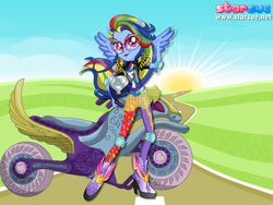 Size: 800x600 | Tagged: safe, artist:user15432, character:rainbow dash, species:human, equestria girls:friendship games, g4, my little pony: equestria girls, my little pony:equestria girls, boots, clothing, dressup game, elbow pads, glasses, goggles, helmet, high heel boots, high heels, knee pads, motorcross, motorcross outfit, motorcycle, motorcycle helmet, motorcycle outfit, ponied up, shoes, sporty style, starsue, wings