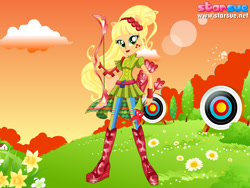 Size: 800x600 | Tagged: safe, artist:user15432, character:applejack, species:human, equestria girls:friendship games, g4, my little pony: equestria girls, my little pony:equestria girls, archer, archery, arrow, boots, bow (weapon), bow and arrow, clothing, dressup game, flower, headband, high heel boots, ponied up, shoes, sporty style, starsue, target, weapon