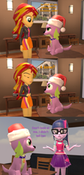 Size: 1550x3240 | Tagged: safe, artist:red4567, character:spike, character:spike (dog), character:sunset shimmer, character:twilight sparkle, character:twilight sparkle (scitwi), species:dog, species:eqg human, episode:hearth's warming eve, g4, my little pony: friendship is magic, my little pony:equestria girls, 3d, angry, christmas, clothing, comic, garfield, hat, holiday, santa hat, source filmmaker