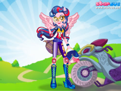 Size: 800x600 | Tagged: safe, artist:user15432, character:indigo zap, species:human, equestria girls:friendship games, g4, my little pony: equestria girls, my little pony:equestria girls, boots, clothing, dressup game, elbow pads, goggles, helmet, knee pads, motorcross, motorcross outfit, motorcycle, motorcycle helmet, motorcycle outfit, peace sign, ponied up, shoes, sporty style, starsue, wings