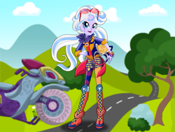 Size: 793x598 | Tagged: safe, artist:user15432, character:sugarcoat, species:human, equestria girls:friendship games, g4, my little pony: equestria girls, my little pony:equestria girls, boots, clothing, dressup game, elbow pads, goggles, helmet, knee pads, motorcross, motorcross outfit, motorcycle, motorcycle helmet, motorcycle outfit, ponied up, shoes, sporty style, starsue