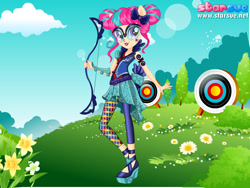 Size: 800x600 | Tagged: safe, artist:user15432, character:sour sweet, species:human, equestria girls:friendship games, g4, my little pony: equestria girls, my little pony:equestria girls, archer, archery, arrow, bow, bow (weapon), bow and arrow, clothing, dressup game, flower, glasses, goggles, ponied up, shoes, sporty style, starsue, target, weapon