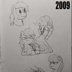 Size: 3024x3024 | Tagged: safe, artist:greyscaleart, character:big mcintosh, character:dj pon-3, character:octavia melody, character:pinkie pie, character:rainbow dash, character:vinyl scratch, bust, description is relevant, monochrome, octavia is not amused, offscreen character, pencil drawing, prone, rainbow dash is not amused, seems legit, traditional art, unamused