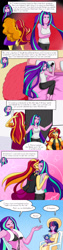 Size: 1000x4000 | Tagged: safe, artist:askmylastunicorn, artist:jake heritagu, character:adagio dazzle, character:aria blaze, character:sunset shimmer, character:twilight sparkle, character:twilight sparkle (scitwi), oc, oc:sparkling sapphire, parent:sci-twi, parent:sunset shimmer, parents:scitwishimmer, species:eqg human, comic:aria's archives, ship:sunblaze, ship:sunsagio, ship:sunsetsparkle, my little pony:equestria girls, bed, bikini, blanket, blushing, breasts, cellphone, chair, cleavage, clothing, comic, dialogue, female, flashback, glasses, grimdark series, holding hands, iphone, kissing, lesbian, magical lesbian spawn, midriff, offspring, phone, pillow, questionable series, shipping, smartphone, speech bubble, sunblaze, swimsuit, tank top, towel