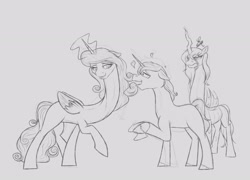 Size: 2844x2052 | Tagged: safe, artist:astr0zone, character:princess cadance, character:queen chrysalis, character:shining armor, species:alicorn, species:changeling, species:pony, species:unicorn, changeling queen, female, grayscale, heart, jealous, lineart, long neck, male, mare, monochrome, necc, queen chrysalis is not amused, stallion, unamused