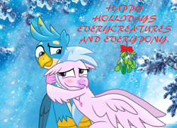 Size: 2704x1961 | Tagged: safe, artist:ejlightning007arts, character:gallus, character:silverstream, species:griffon, species:hippogriff, ship:gallstream, blue background, blushing, christmas, cute, diastreamies, everycreature, female, gallabetes, happy holidays, hearts warming day, holiday, hug, jewelry, male, mistletoe, necklace, shipping, simple background, straight