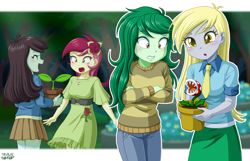 Size: 1300x836 | Tagged: safe, artist:uotapo, character:derpy hooves, character:roseluck, character:sprout greenhoof, character:wallflower blush, my little pony:equestria girls, animal crossing, crossover, equestria girls-ified, female, las pegasus resident, necktie, nintendo, piranha plant, plant, plant pot, sapling, super mario bros.