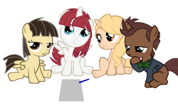 Size: 4800x3000 | Tagged: safe, artist:beavernator, character:wild fire, oc, oc:fausticorn, oc:taralicious, ponysona, species:pony, annoyed, colt, cute, filly, frown, john de lancie, lauren faust, looking up, male, paper, pencil, ponified, professor lancie, sibsy, sitting, tara strong, unamused, wild fire is not amused, younger