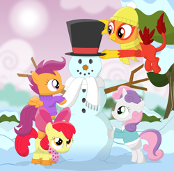 Size: 3497x3427 | Tagged: safe, artist:porygon2z, character:apple bloom, character:scootaloo, character:sweetie belle, oc, oc:blaze, species:griffon, species:pegasus, species:pony, cutie mark crusaders, snowman
