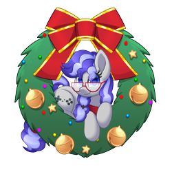 Size: 5000x5000 | Tagged: safe, artist:scarlet-spectrum, oc, oc only, oc:cinnabyte, species:earth pony, species:pony, adorkable, bandana, christmas, commission, cute, dork, earth pony oc, glasses, holiday, simple background, solo, transparent background, wreath, your character here