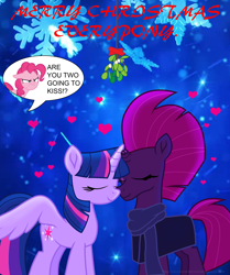 Size: 5300x6340 | Tagged: safe, artist:ejlightning007arts, character:pinkie pie, character:tempest shadow, character:twilight sparkle, character:twilight sparkle (alicorn), species:alicorn, species:pony, species:unicorn, ship:tempestlight, angry, broken horn, christmas, clothing, cute, dialogue, eye scar, eyes closed, female, happy holidays, heart, holiday, horn, lesbian, mistletoe, prank fail, scar, scarf, shipping, speech bubble, winter coat