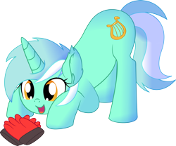Size: 1024x854 | Tagged: safe, artist:cyanlightning, character:lyra heartstrings, species:pony, species:unicorn, .svg available, absurd resolution, clothing, cute, ear fluff, female, gloves, hand, lyrabetes, mare, open mouth, simple background, sitting, smiling, solo, that pony sure does love hands, that pony sure does love humans, transparent background, vector