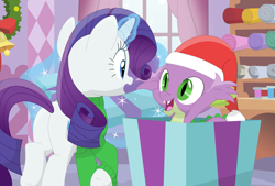 Size: 3543x2400 | Tagged: safe, artist:porygon2z, character:rarity, character:spike, species:dragon, species:pony, species:unicorn, ship:sparity, butt, christmas, christmas gift, clothing, female, hat, holiday, levitation, magic, male, mare, plot, santa hat, shipping, straight, telekinesis