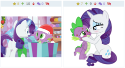 Size: 483x264 | Tagged: safe, artist:georgegarza01, artist:porygon2z, character:rarity, character:spike, species:dragon, species:pony, species:unicorn, derpibooru, ship:sparity, episode:hearth's warming eve, g4, my little pony: friendship is magic, christmas, christmas gift, clothing, cute, female, hat, holiday, kiss mark, kissing, lipstick, male, meta, present, santa hat, shipping, show accurate, simple background, straight, surprised, transparent background, vector