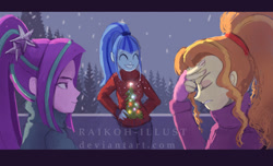 Size: 1100x669 | Tagged: safe, artist:grissaecrim, character:adagio dazzle, character:aria blaze, character:sonata dusk, my little pony:equestria girls, christmas, christmas sweater, clothing, cute, female, holiday, snow, snowfall, sonatabetes, sweater, the dazzlings