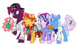 Size: 4585x2679 | Tagged: safe, artist:chub-wub, character:starlight glimmer, character:sunset shimmer, character:tempest shadow, character:trixie, species:pony, species:unicorn, 20% cooler, alternate hairstyle, bag, baseball cap, beanie, bow tie, broken horn, cap, clothing, counterparts, crackers, cute, eye scar, female, flannel, food, glowing horn, hat, headphones, hoodie, horn, iphone, levitation, looking at each other, magic, mare, one eye closed, open mouth, peanut butter, peanut butter crackers, phone, raised hoof, scar, shirt, simple background, smoothie, starlight is not amused, sweater, t-shirt, telekinesis, twilight's counterparts, unamused, wall of tags, white background, wink