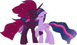 Size: 13002x7656 | Tagged: safe, artist:ejlightning007arts, character:fizzlepop berrytwist, character:tempest shadow, character:twilight sparkle, character:twilight sparkle (alicorn), species:alicorn, species:pony, ship:tempestlight, episode:the last problem, g4, my little pony: friendship is magic, alicornified, alternate timeline, cute, eye scar, eyes closed, female, flowing mane, holding hooves, lesbian, princess tempest shadow, princess twilight 2.0, race swap, scar, shipping, simple background, smiling, tempest gets her horn back, tempesticorn, transparent background, vector
