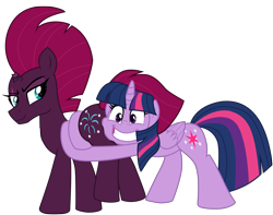 Size: 5048x3972 | Tagged: safe, alternate version, artist:ejlightning007arts, character:tempest shadow, character:twilight sparkle, character:twilight sparkle (alicorn), species:alicorn, species:pony, ship:tempestlight, episode:shadow play, g4, my little pony: friendship is magic, broken horn, butt touch, butthug, cute, cutie mark, eye scar, faceful of ass, female, fireworks, horn, hug, lesbian, pinkie hugging applejack's butt, scar, shipping, simple background, smiling, tempass, transparent background, vector