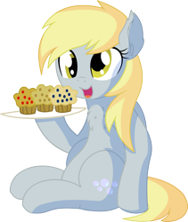 Size: 1024x1213 | Tagged: safe, artist:cyanlightning, character:derpy hooves, species:pegasus, species:pony, .svg available, absurd resolution, chest fluff, ear fluff, female, folded wings, food, holding, mare, muffin, simple background, sitting, solo, that pony sure does love muffins, transparent background, vector, wings
