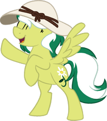 Size: 1054x1200 | Tagged: safe, artist:binkyt11, derpibooru original, oc, oc only, oc:marguerite daisy, species:pegasus, species:pony, 2020 community collab, derpibooru community collaboration, clothing, eyes closed, farmer's hat, female, hat, mare, rearing, simple background, solo, spread wings, transparent background, wings