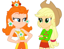 Size: 893x680 | Tagged: safe, artist:foreverbunkey123, artist:user15432, base used, character:applejack, species:human, my little pony:equestria girls, barely eqg related, clothing, cowboy hat, crossed arms, crossover, crown, cutie mark, ear piercing, earring, equestria girls style, equestria girls-ified, gymnast, gymnastics, hands on hip, hat, jewelry, leotard, mario & sonic, mario & sonic at the olympic games, mario & sonic at the olympic games tokyo 2020, mario and sonic, mario and sonic at the olympic games, nintendo, olympics, piercing, princess daisy, regalia, simple background, sports, sports outfit, sports shorts, super mario bros., tank top, transparent background
