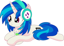 Size: 1024x738 | Tagged: safe, artist:cyanlightning, character:dj pon-3, character:vinyl scratch, species:pony, species:unicorn, .svg available, absurd resolution, chest fluff, ear fluff, female, headphones, holding, mare, mp3 player, prone, simple background, solo, transparent background, vector