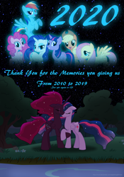 Size: 3500x5000 | Tagged: safe, artist:ejlightning007arts, character:applejack, character:fluttershy, character:pinkie pie, character:rainbow dash, character:rarity, character:tempest shadow, character:twilight sparkle, character:twilight sparkle (alicorn), character:twilight sparkle (unicorn), species:alicorn, species:earth pony, species:pegasus, species:pony, species:unicorn, ship:tempestlight, episode:the last problem, g4, my little pony: friendship is magic, 2020, alicornified, alternate timeline, eye scar, eyes closed, female, holding hooves, lake, lesbian, mane six, new year, princess tempest shadow, princess twilight 2.0, race swap, scar, shipping, tempest gets her horn back, tempesticorn, thank you for the memories, tree