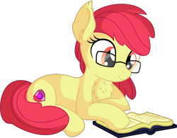 Size: 6836x5339 | Tagged: safe, artist:cyanlightning, edit, editor:slayerbvc, character:apple bloom, species:earth pony, species:pony, .svg available, absurd resolution, accessory-less edit, adorabloom, adorkable, book, chest fluff, cute, dork, ear fluff, female, filly, glasses, missing accessory, nerd, prone, reading, simple background, sitting, smiling, solo, transparent background, vector, vector edit