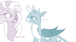 Size: 760x425 | Tagged: safe, artist:sintakhra, edit, character:gallus, character:silverstream, species:griffon, species:hippogriff, ship:gallstream, ..., cute, diastreamies, female, gallabetes, kiss me, male, shipping, smiling, smirk, straight, text edit