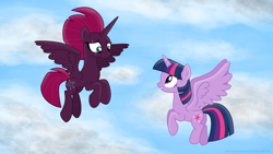 Size: 3840x2160 | Tagged: safe, alternate version, artist:ejlightning007arts, character:tempest shadow, character:twilight sparkle, character:twilight sparkle (alicorn), species:alicorn, species:pony, ship:tempestlight, alicornified, alternate timeline, cloud, cute, eye scar, female, flying, flying lesson, lesbian, princess tempest shadow, race swap, scar, shipping, tempest gets her horn back, tempest now has a true horn, tempesticorn, textless