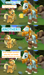 Size: 1920x3240 | Tagged: safe, artist:red4567, character:applejack, character:rockhoof, 3d, another, cup, smashing, source filmmaker, thor
