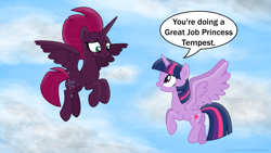 Size: 3840x2160 | Tagged: safe, artist:ejlightning007arts, character:tempest shadow, character:twilight sparkle, character:twilight sparkle (alicorn), species:alicorn, species:pony, ship:tempestlight, alicornified, dialogue, female, fixed spelling, flying, flying lesson, lesbian, princess tempest shadow, race swap, shipping, speech bubble, tempest gets her horn back, tempest now has a true horn