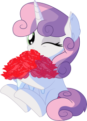 Size: 5565x7749 | Tagged: safe, artist:cyanlightning, character:sweetie belle, species:pony, species:unicorn, .svg available, absurd resolution, bouquet, cute, cutie mark, diasweetes, ear fluff, female, filly, flower, one eye closed, rose, simple background, sitting, smiling, solo, tail stand, transparent background, vector