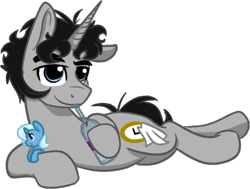 Size: 1200x907 | Tagged: safe, artist:binkyt11, derpibooru original, character:trixie, oc, oc:ragtime melody, species:pony, species:unicorn, 2020 community collab, derpibooru community collaboration, alcohol, male, plushie, prone, simple background, solo, stallion, thick eyebrows, transparent background