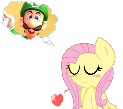 Size: 1129x1002 | Tagged: safe, artist:noreen-loves-spidey, artist:user15432, base used, character:fluttershy, species:human, species:pegasus, species:pony, barely pony related, blushing, crossover, crossover shipping, heart, luigi, luigishy, mario kart, mario kart tour, nintendo, shipping, super mario bros., thinking, thinking bubble