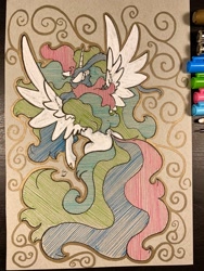 Size: 1536x2048 | Tagged: safe, artist:greyscaleart, character:princess celestia, species:alicorn, species:pony, eyes closed, female, long mane, long tail, majestic, mare, missing cutie mark, solo, spread wings, traditional art, wings