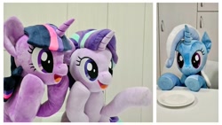 Size: 1024x576 | Tagged: safe, artist:nekokevin, character:starlight glimmer, character:trixie, character:twilight sparkle, species:pony, species:unicorn, series:nekokevin's glimmy, female, irl, mare, open mouth, photo, plushie, raised hoof, smiling, underhoof, woman yelling at a cat