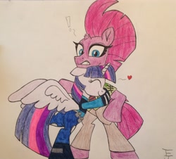 Size: 2422x2187 | Tagged: safe, artist:ejlightning007arts, character:tempest shadow, character:twilight sparkle, character:twilight sparkle (alicorn), species:alicorn, species:pony, ship:tempestlight, butt, clothing, colored, cute, female, hug, judy hopps, lesbian, love, nick wilde, plot, police uniform, raised leg, shipping, surprised, traditional art, zootopia