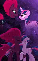 Size: 2826x4500 | Tagged: safe, artist:ejlightning007arts, character:tempest shadow, character:twilight sparkle, character:twilight sparkle (alicorn), species:alicorn, species:pony, ship:tempestlight, episode:the last problem, g4, my little pony: friendship is magic, my little pony: the movie (2017), alicornified, armor, eye scar, eyes closed, female, holding hooves, lesbian, older, princess tempest shadow, princess twilight 2.0, race swap, scar, shipping, stars, tempest gets her horn back, then and now, wavy mane, younger