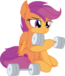 Size: 6035x7123 | Tagged: safe, artist:cyanlightning, character:scootaloo, species:pegasus, species:pony, .svg available, absurd resolution, chest fluff, dumbbell (object), ear fluff, exercise, female, filly, lidded eyes, simple background, sitting, smiling, solo, sweat, transparent background, vector