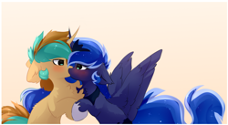Size: 1884x1036 | Tagged: safe, artist:little-sketches, character:princess luna, oc, oc:demi, oc:demiurgic theory, species:alicorn, species:pony, species:unicorn, blushing, canon x oc, chest fluff, cute, female, floppy ears, hoof hold, kissing, looking at each other, making out, male, mare, simple background, spread wings, stallion, straight, wingboner, wings, yellow background
