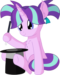 Size: 5912x7329 | Tagged: safe, artist:cyanlightning, character:starlight glimmer, species:pony, species:unicorn, .svg available, absurd resolution, chest fluff, clothing, cute, dawwww, ear fluff, female, filly, filly starlight glimmer, glimmerbetes, hat, holding, pigtails, silly, simple background, sitting, smiling, solo, transparent background, vector, wand, younger