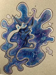 Size: 1536x2048 | Tagged: safe, artist:greyscaleart, character:princess luna, species:alicorn, species:pony, bust, constellation, constellation freckles, ethereal mane, female, floppy ears, freckles, frown, galaxy mane, lidded eyes, looking at you, mare, solo, traditional art