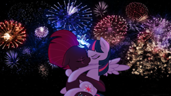 Size: 3840x2160 | Tagged: safe, artist:ejlightning007arts, character:tempest shadow, character:twilight sparkle, character:twilight sparkle (alicorn), species:alicorn, species:pony, species:unicorn, ship:tempestlight, broken horn, eye scar, eyes closed, female, fireworks, horn, lesbian, new year, scar, shipping