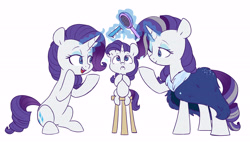 Size: 5793x3304 | Tagged: safe, artist:chub-wub, part of a set, character:rarity, species:pony, species:unicorn, episode:the last problem, g4, my little pony: friendship is magic, age progression, brush, commonity, cute, female, filly, filly rarity, high res, magic, mare, multeity, older, older rarity, one eye closed, open mouth, ponidox, raribetes, self ponidox, simple background, sitting, solo, stool, telekinesis, time paradox, triality, white background, younger