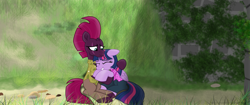 Size: 2757x1160 | Tagged: safe, artist:ejlightning007arts, character:tempest shadow, character:twilight sparkle, character:twilight sparkle (alicorn), species:alicorn, species:pony, species:unicorn, ship:tempestlight, broken horn, clothing, crossover, eye scar, eyes closed, female, horn, hug, judy hopps, lesbian, nick wilde, scar, shipping, zootopia